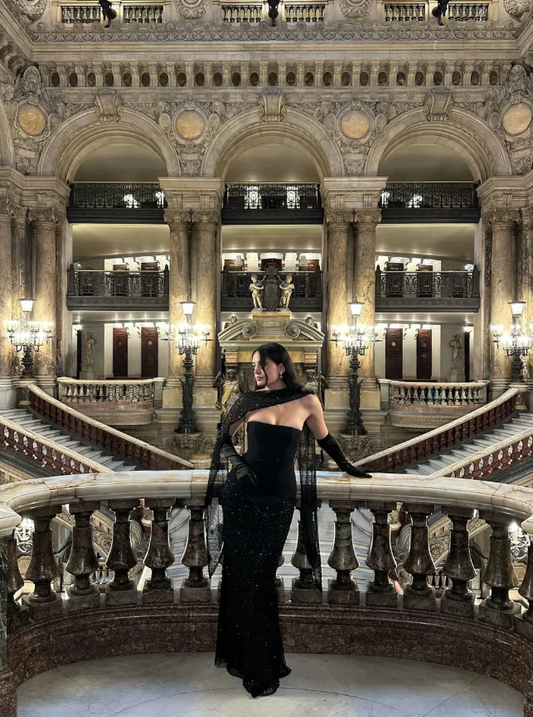 Elegangt Black Sheath Strapless Shiny Beaded Sequin Satin Prom Dress Evening Dress DP5026
