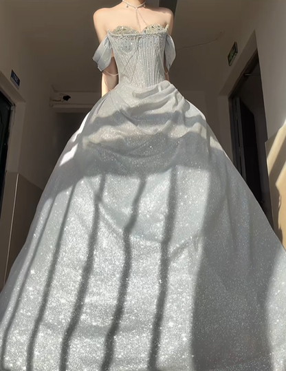 Silver Shiny A Line Off the Shoulder Beaded Sequin Prom Dress Graduation Ball Gown DP4568