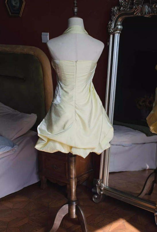 Cute Navy Blue A Line Halter Pleated Satin Open Back Short Homecoming Dress Outfits DP4700