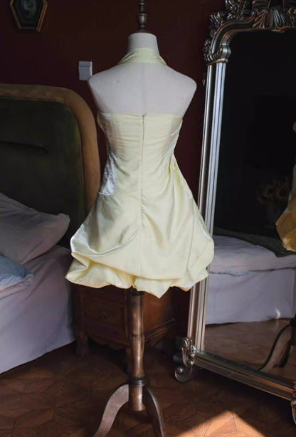 Cute Navy Blue A Line Halter Pleated Satin Open Back Short Homecoming Dress Outfits DP4700