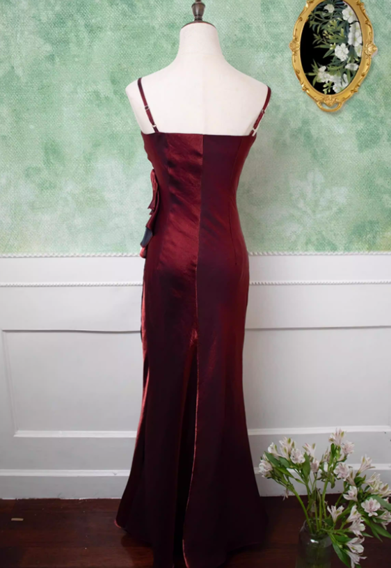 Vintage Mermaid Spaghetti Straps Burgundy Satin Prom Dress DP4820