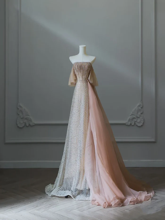 Exquisite A Line Strapless Pearl Beaded Tulle Long Prom Dresses Evening Gowns Party Dress DP3045