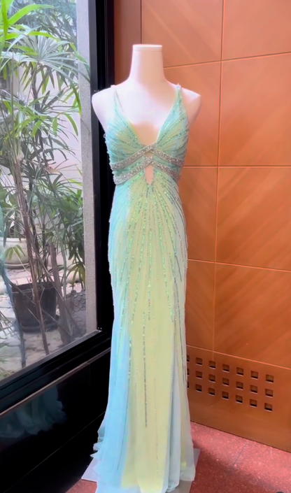 Vintage Light Green Sheath V Neck Beaded Tulle Prom Dress Party Dress Date Dress DP4448