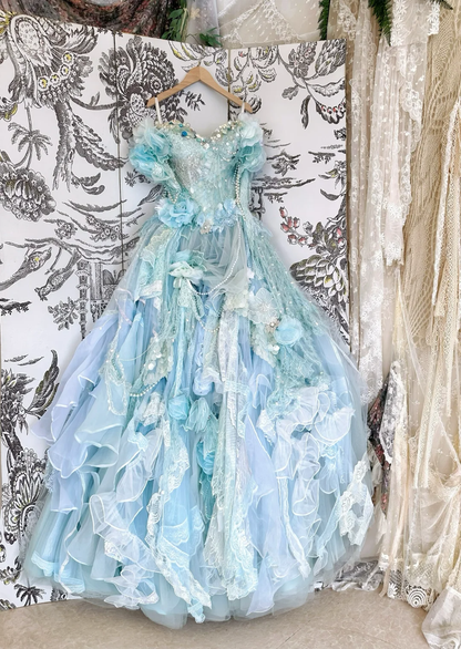 Unique Blue Ball Gown Off the Shoulder Floral Exquisite Beaded Tulle Prom Dress DP3820