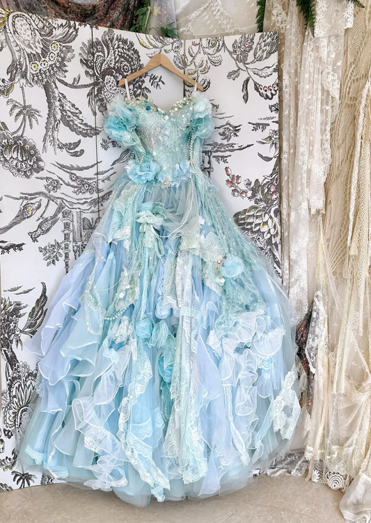 Unique Blue Ball Gown Off the Shoulder Floral Exquisite Beaded Tulle Prom Dress DP3820