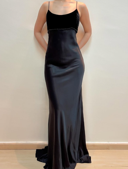 Elegant Sheath Spaghetti Strap Velvet Satin Long Prom Dress Evening Dress DP1657
