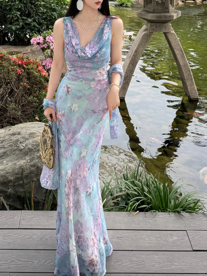 Beautiful Sheath Print Flower Colorful Chiffon Long Prom Dress Evening Dress DP6787