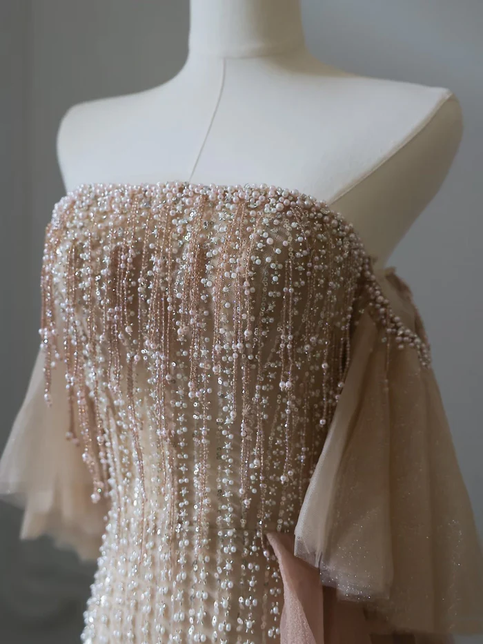 Exquisite A Line Strapless Pearl Beaded Tulle Long Prom Dresses Evening Gowns Party Dress DP3045
