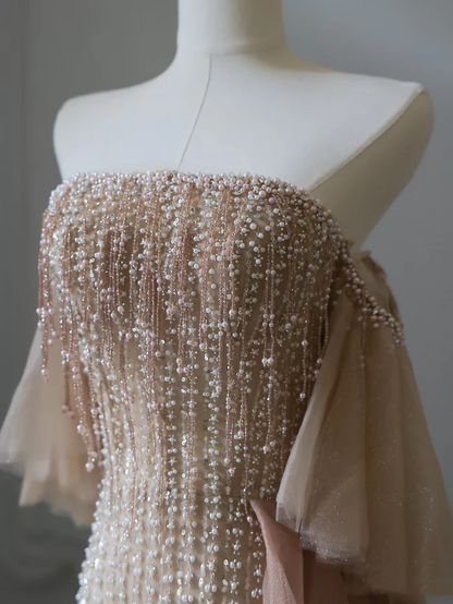 Exquisite A Line Strapless Pearl Beaded Tulle Long Prom Dresses Evening Gowns Party Dress DP3045
