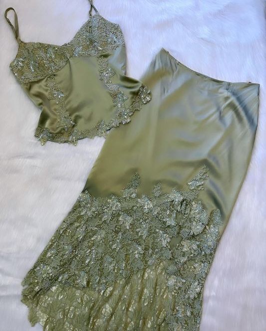 Two Piece Vintage Sheath Spaghetti Strap Beaded Green Lace Satin Evening Dress DP1543