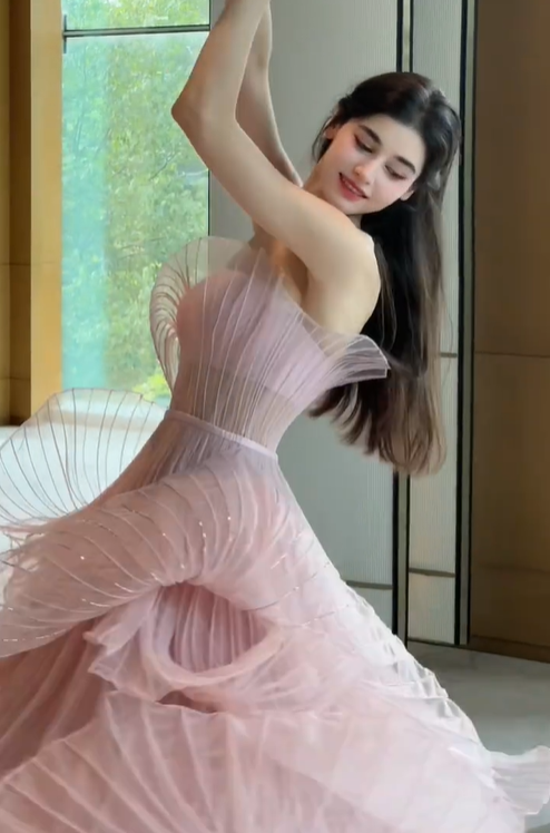 Unique A Line Strapless Layered Pink Organza Long Party Dress Prom Dress DP2507