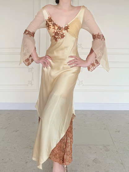 Vintage Sexy Appliques Lace Satin Prom Dress Evening Dress DP5169