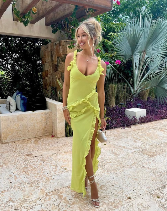 Green Sheath Straps Ruffle Chiffon Prom Dress Evening Dress with Slit DP1496