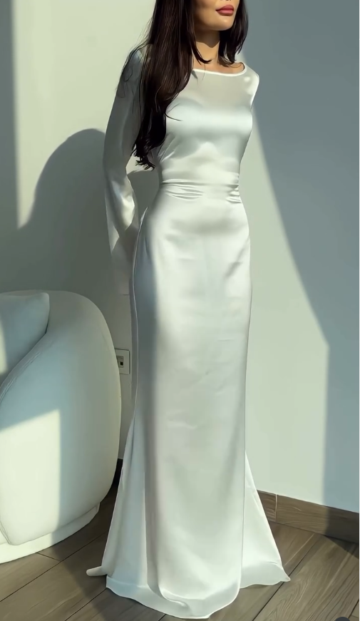 Classic White Mermaid Long Sleeve Satin Prom Dress Evening Dress DP3885