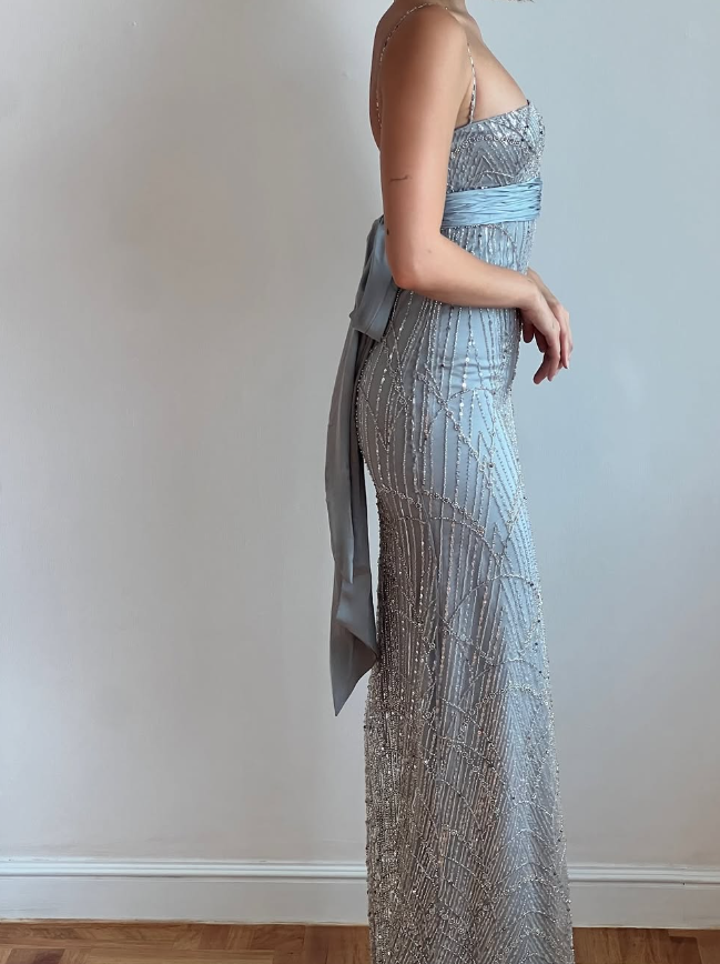 Gorgeous Sheath Spaghetti Strap Beaded Grey Satin Long Prom Dress Evening Dress DP1685
