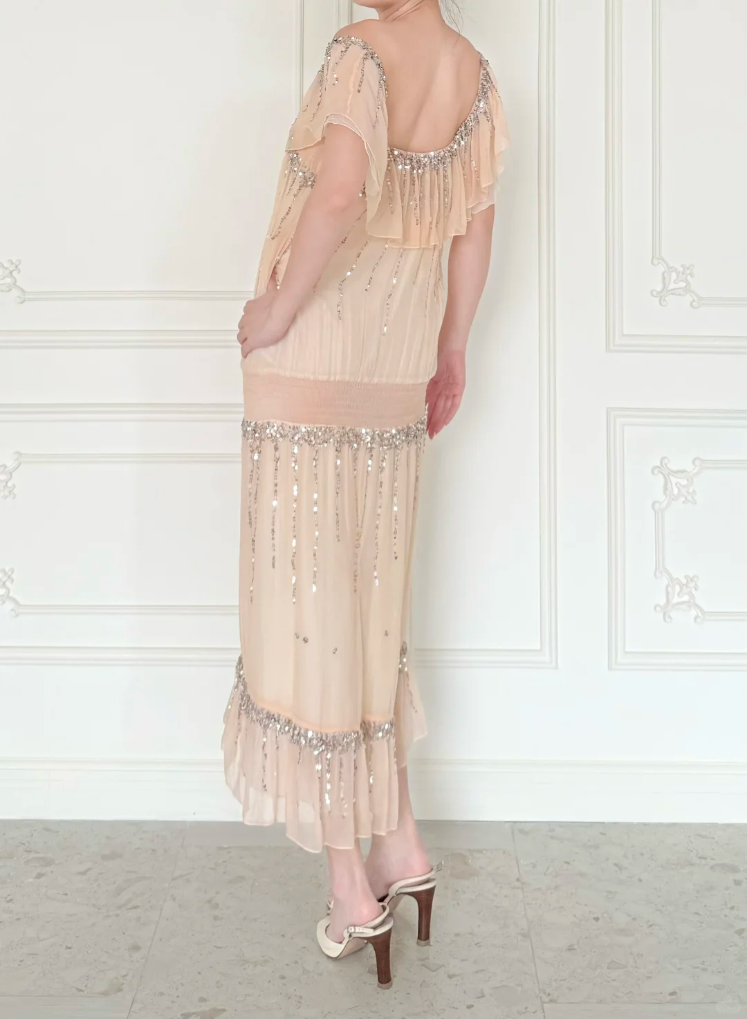 Vintage A Line Square Neck Sequin Chiffon Prom Dress Evening Dress DP6448