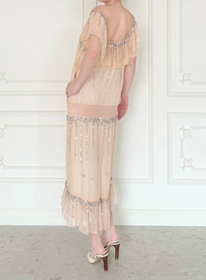 Vintage A Line Square Neck Sequin Chiffon Prom Dress Evening Dress DP6448