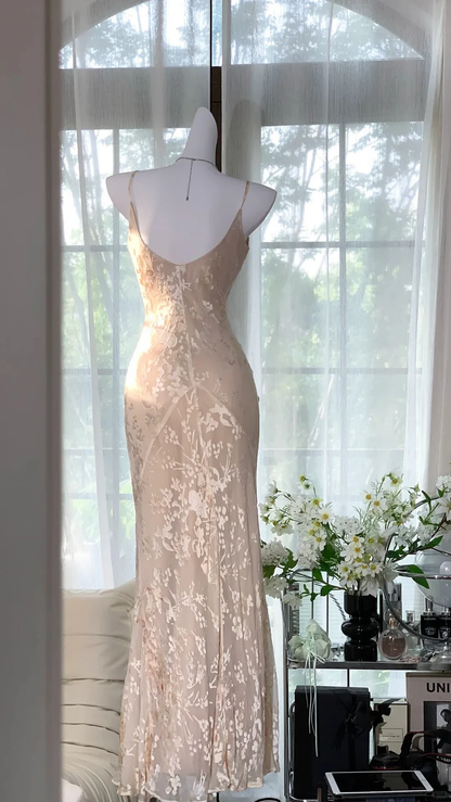 Simple Apricot Print Flower Mermaid Satin Prom Dress Date Dress Evening Dress DP2909