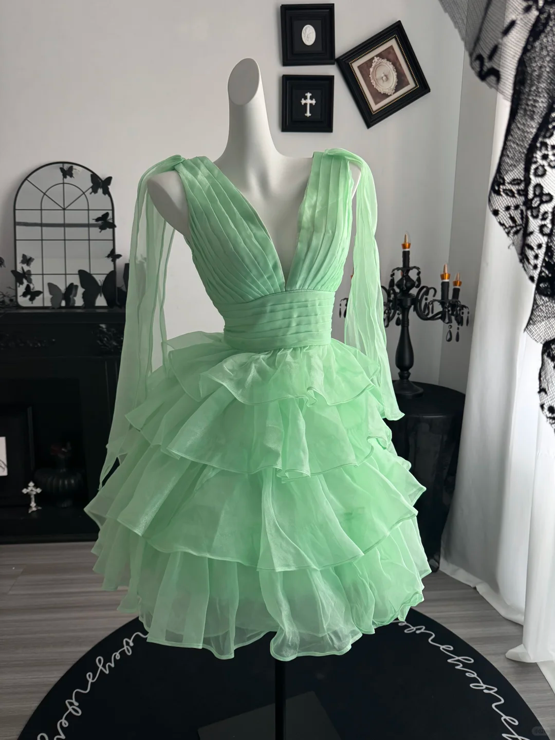 Summer Green A Line V Neck Layered Organza Short Prom Dress Homecoming Dress DP6977