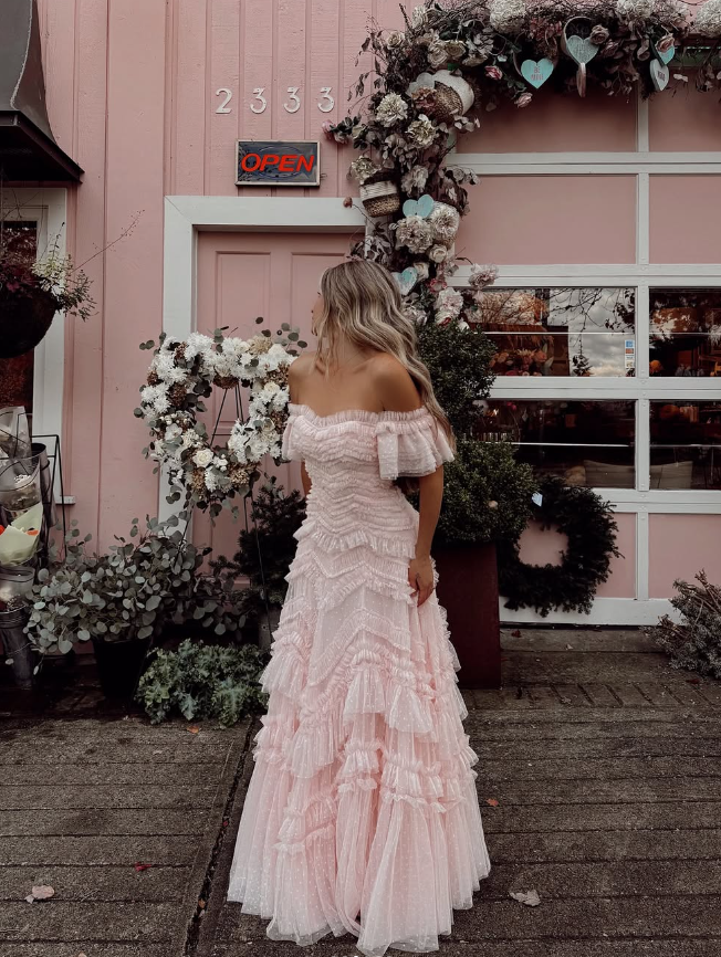 Princess A Line Off the Shoulder Tiered Light Pink Tulle Prom Dress Evening Dress DP1723