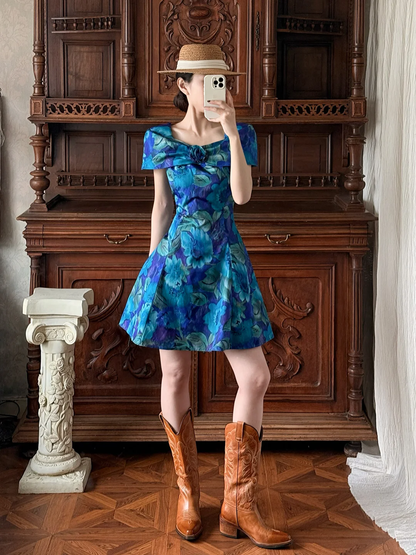 Vintage Elegant A Line Blue Print Floral Satin Short Prom Dress Homecoming Dress DP5328