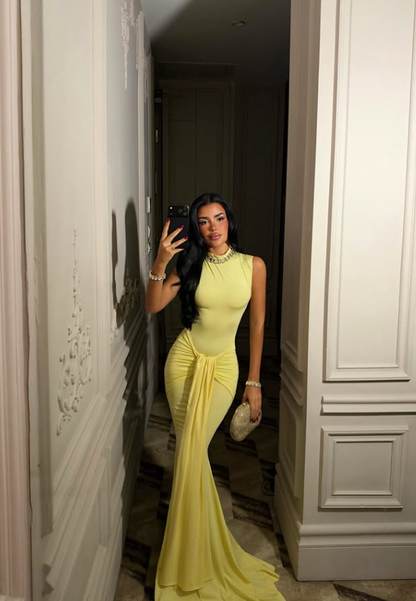 Sexy Yellow Mermaid High Neck Pleated Satin Long Prom Dress Party Dress DP8213