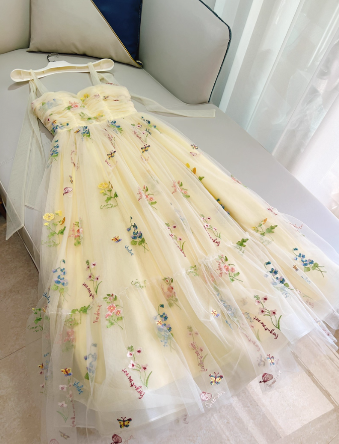 Cute Yellow A Line Spaghetti Strap Embroidery Floral Tulle Prom Dress Party Dress DP4490