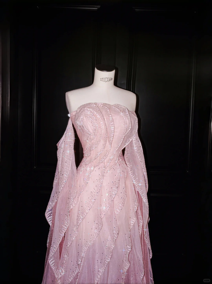 Gentle A Line Off the Shoulder Layered Beaded Pink Organza Long Prom Dress Evening Dress DP2655