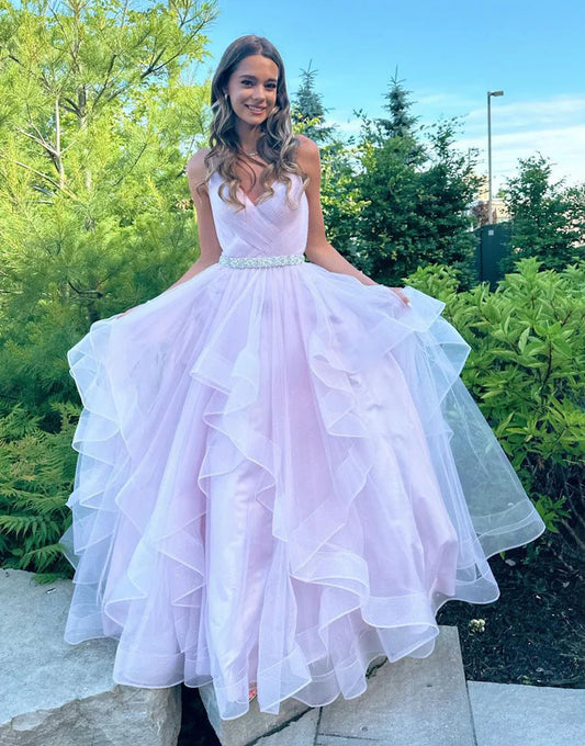 Light Pink A Line V-neck Ruffled Tulle Prom Dress With Belt DP1043