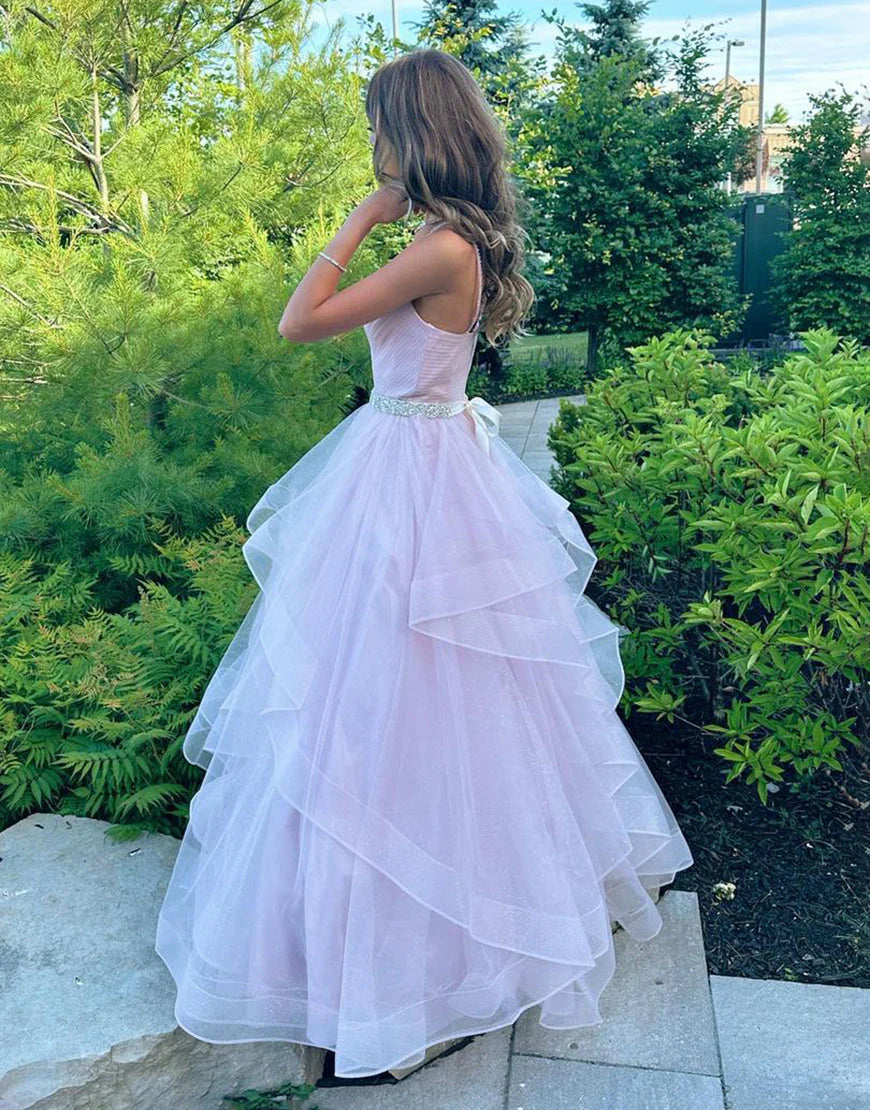Light Pink A Line V-neck Ruffled Tulle Prom Dress With Belt DP1043