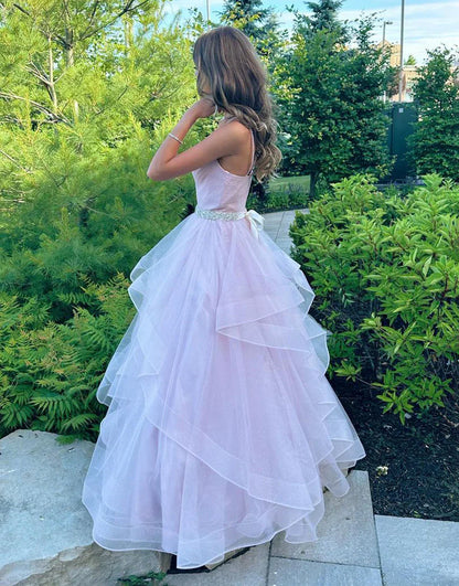 Light Pink A Line V-neck Ruffled Tulle Prom Dress With Belt DP1043
