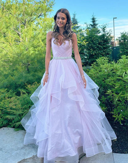 Light Pink A Line V-neck Ruffled Tulle Prom Dress With Belt DP1043