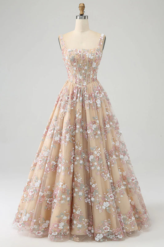 Luxurious A Line Square Neck Champagne Tulle Corset Prom Dress with Appliques DP1144