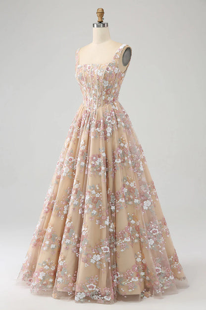 Luxurious A Line Square Neck Champagne Tulle Corset Prom Dress with Appliques DP1144