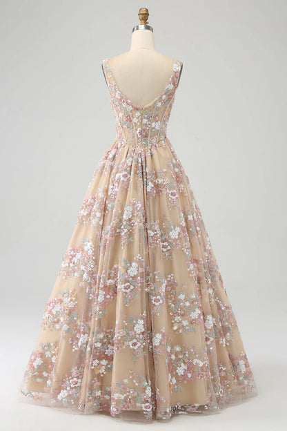 Luxurious A Line Square Neck Champagne Tulle Corset Prom Dress with Appliques DP1144