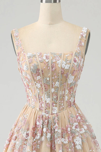 Luxurious A Line Square Neck Champagne Tulle Corset Prom Dress with Appliques DP1144