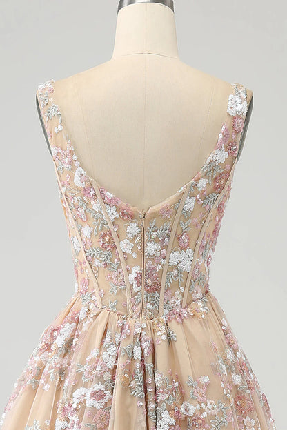 Luxurious A Line Square Neck Champagne Tulle Corset Prom Dress with Appliques DP1144