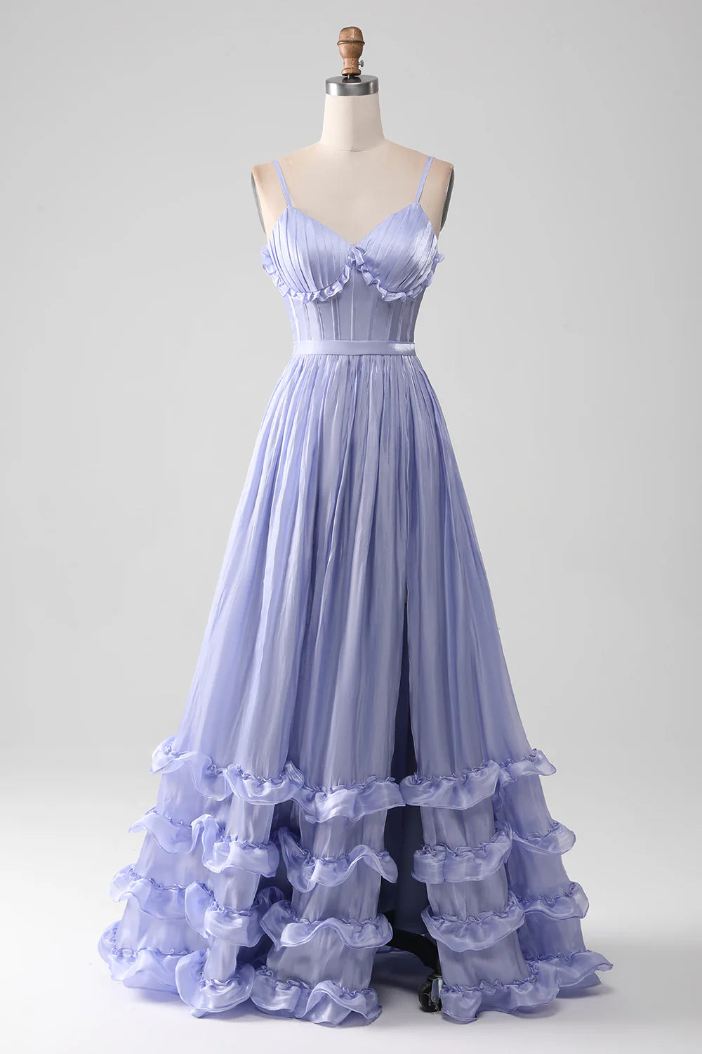 Purple A Line Spaghetti Strap Ruffle Satin Long Prom Dress Graduation Prom Dress DP2250