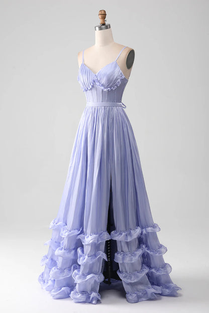 Purple A Line Spaghetti Strap Ruffle Satin Long Prom Dress Graduation Prom Dress DP2250