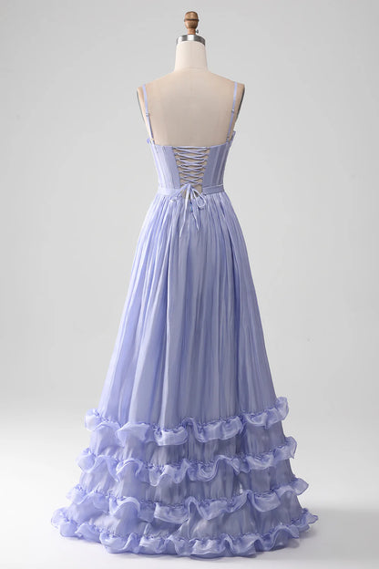 Purple A Line Spaghetti Strap Ruffle Satin Long Prom Dress Graduation Prom Dress DP2250