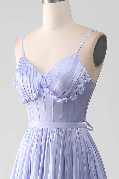 Purple A Line Spaghetti Strap Ruffle Satin Long Prom Dress Graduation Prom Dress DP2250