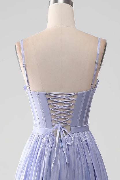 Purple A Line Spaghetti Strap Ruffle Satin Long Prom Dress Graduation Prom Dress DP2250