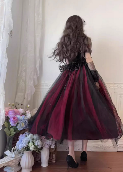 Burgundy Black Roses A Line Lace Tulle Lolita Goth Boning Dress Prom Dress DP4503