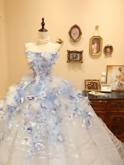 Blue Ombre Floral Ball Gown Strapless Tulle Long Prom Dress Evening Dress DP7054