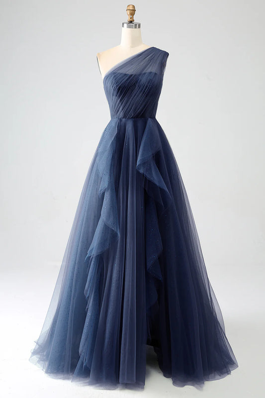 Navy Blue A Line One-Shoulder Tulle Long Prom Dress Evening Dress DP1345