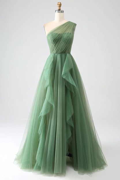 Navy Blue A Line One-Shoulder Tulle Long Prom Dress Evening Dress DP1345