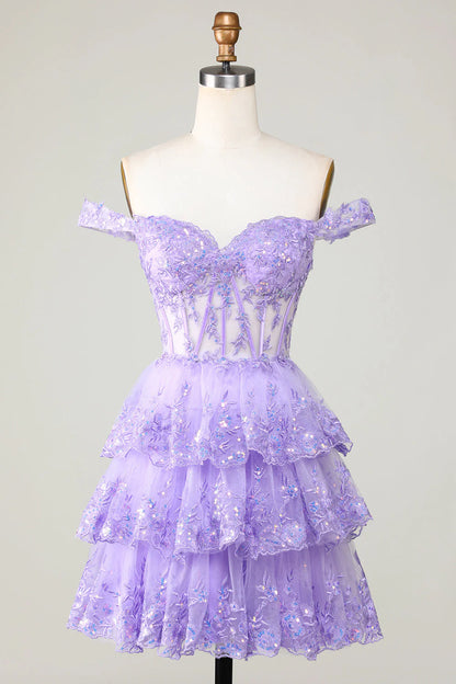 Elegant A Line Off the Shoulder Sequin Layered Purple Tulle Homecoming Dress DP757