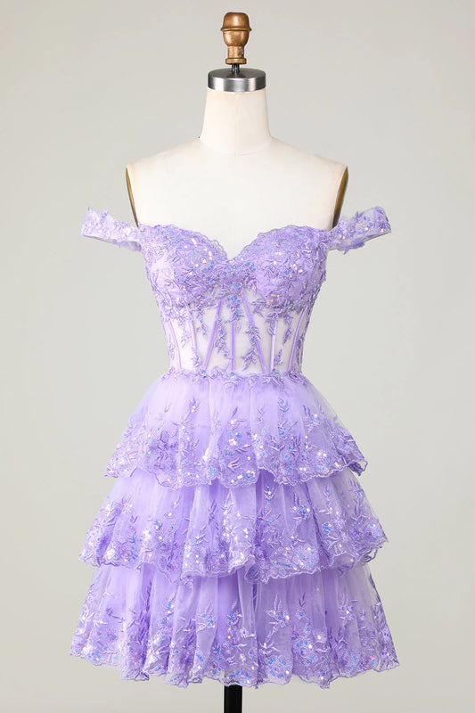Elegant A Line Off the Shoulder Sequin Layered Purple Tulle Homecoming Dress DP757