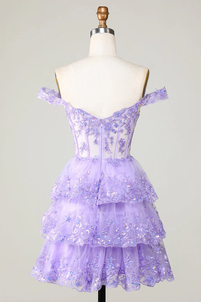 Elegant A Line Off the Shoulder Sequin Layered Purple Tulle Homecoming Dress DP757