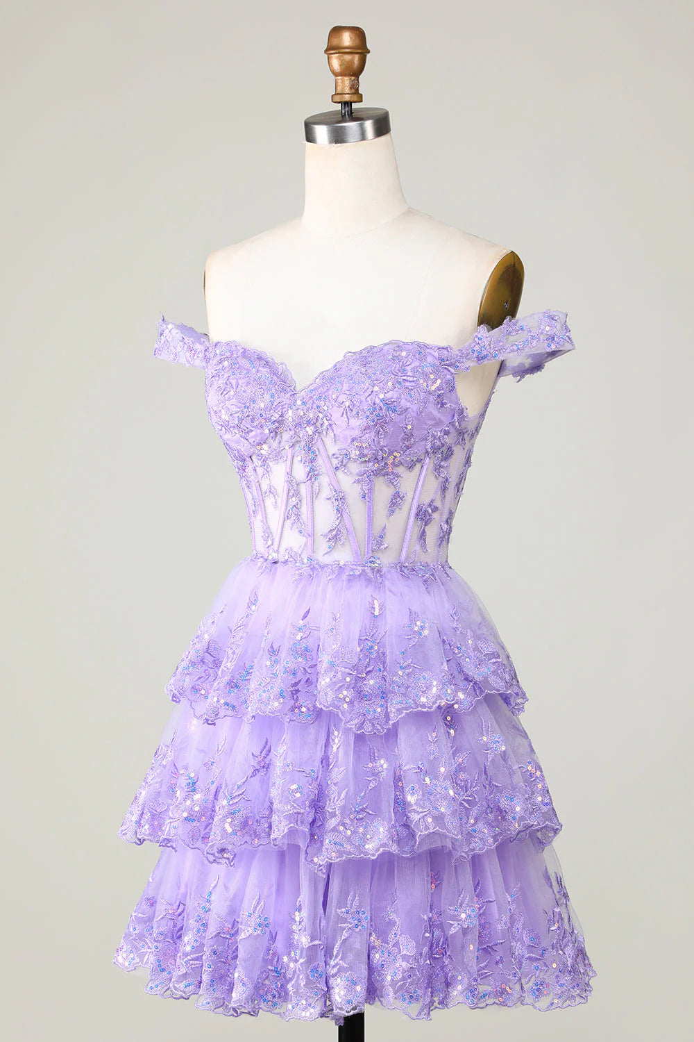 Elegant A Line Off the Shoulder Sequin Layered Purple Tulle Homecoming Dress DP757